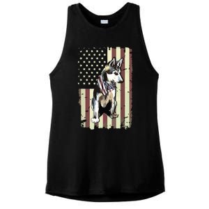 Siberian Husky American Flag Bandana 4th Of July Gift Ladies PosiCharge Tri-Blend Wicking Tank