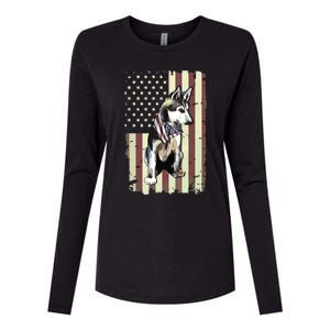 Siberian Husky American Flag Bandana 4th Of July Gift Womens Cotton Relaxed Long Sleeve T-Shirt