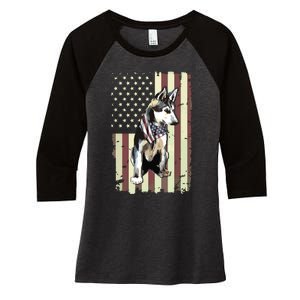 Siberian Husky American Flag Bandana 4th Of July Gift Women's Tri-Blend 3/4-Sleeve Raglan Shirt