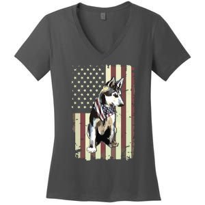 Siberian Husky American Flag Bandana 4th Of July Gift Women's V-Neck T-Shirt