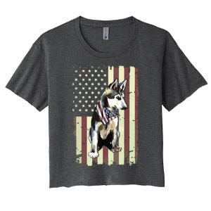 Siberian Husky American Flag Bandana 4th Of July Gift Women's Crop Top Tee