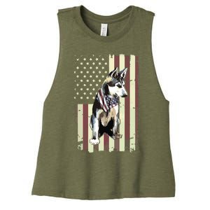 Siberian Husky American Flag Bandana 4th Of July Gift Women's Racerback Cropped Tank