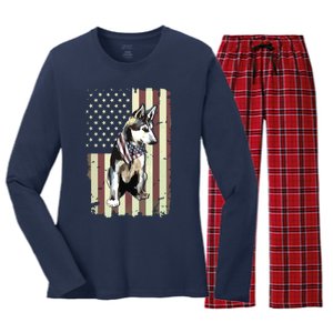 Siberian Husky American Flag Bandana 4th Of July Gift Women's Long Sleeve Flannel Pajama Set 