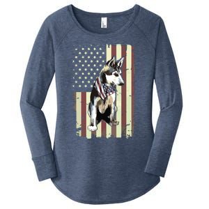 Siberian Husky American Flag Bandana 4th Of July Gift Women's Perfect Tri Tunic Long Sleeve Shirt