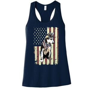 Siberian Husky American Flag Bandana 4th Of July Gift Women's Racerback Tank