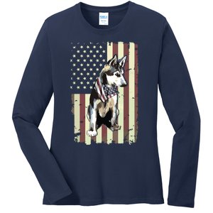 Siberian Husky American Flag Bandana 4th Of July Gift Ladies Long Sleeve Shirt