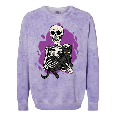 Skeleton Holding A Black Cat Lazy Halloween Costume Skull Colorblast Crewneck Sweatshirt