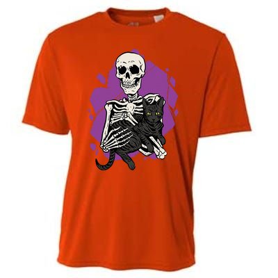 Skeleton Holding A Black Cat Lazy Halloween Costume Skull Cooling Performance Crew T-Shirt