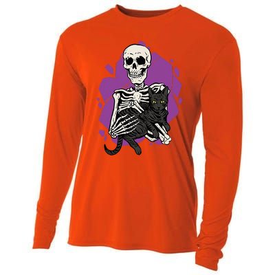 Skeleton Holding A Black Cat Lazy Halloween Costume Skull Cooling Performance Long Sleeve Crew