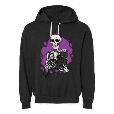 Skeleton Holding A Black Cat Lazy Halloween Costume Skull Garment-Dyed Fleece Hoodie