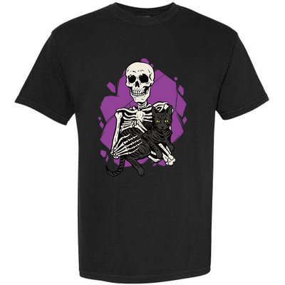 Skeleton Holding A Black Cat Lazy Halloween Costume Skull Garment-Dyed Heavyweight T-Shirt