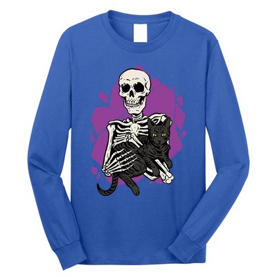 Skeleton Holding A Black Cat Lazy Halloween Costume Skull Long Sleeve Shirt