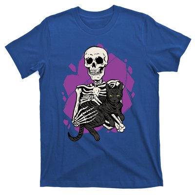 Skeleton Holding A Black Cat Lazy Halloween Costume Skull T-Shirt