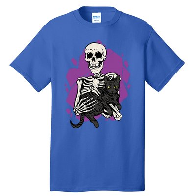 Skeleton Holding A Black Cat Lazy Halloween Costume Skull Tall T-Shirt