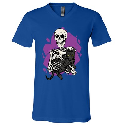 Skeleton Holding A Black Cat Lazy Halloween Costume Skull V-Neck T-Shirt