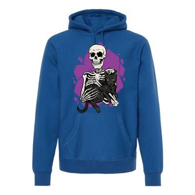 Skeleton Holding A Black Cat Lazy Halloween Costume Skull Premium Hoodie