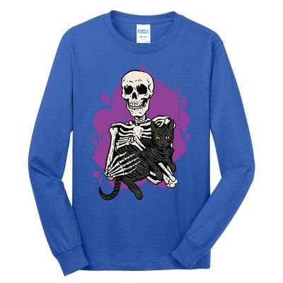 Skeleton Holding A Black Cat Lazy Halloween Costume Skull Tall Long Sleeve T-Shirt