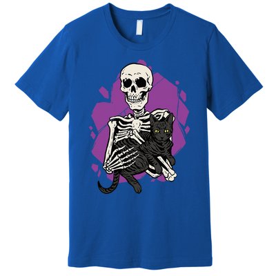 Skeleton Holding A Black Cat Lazy Halloween Costume Skull Premium T-Shirt