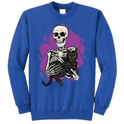 Skeleton Holding A Black Cat Lazy Halloween Costume Skull Tall Sweatshirt