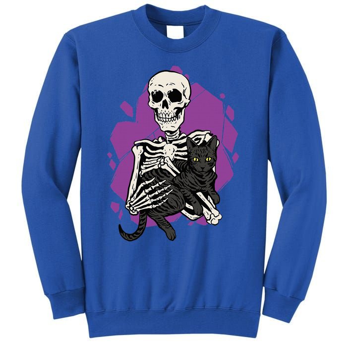 Skeleton Holding A Black Cat Lazy Halloween Costume Skull Tall Sweatshirt