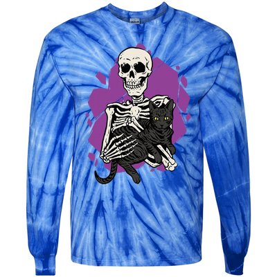 Skeleton Holding A Black Cat Lazy Halloween Costume Skull Tie-Dye Long Sleeve Shirt