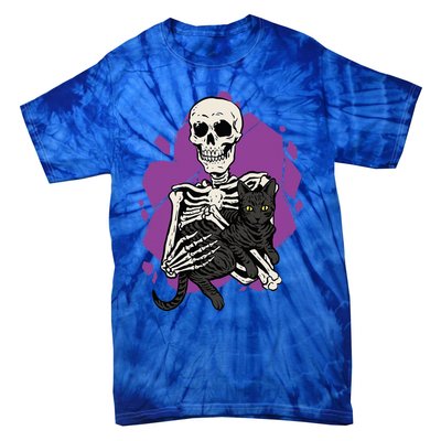 Skeleton Holding A Black Cat Lazy Halloween Costume Skull Tie-Dye T-Shirt