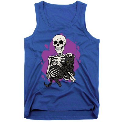 Skeleton Holding A Black Cat Lazy Halloween Costume Skull Tank Top