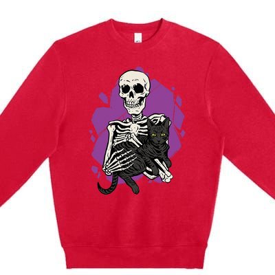 Skeleton Holding A Black Cat Lazy Halloween Costume Skull Premium Crewneck Sweatshirt