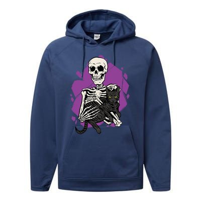 Skeleton Holding A Black Cat Lazy Halloween Costume Skull Performance Fleece Hoodie