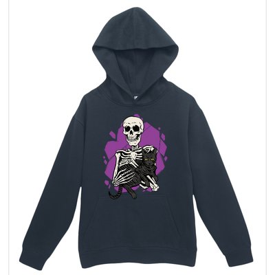 Skeleton Holding A Black Cat Lazy Halloween Costume Skull Urban Pullover Hoodie