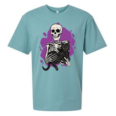 Skeleton Holding A Black Cat Lazy Halloween Costume Skull Sueded Cloud Jersey T-Shirt