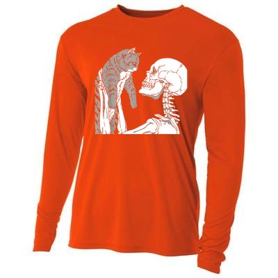 Skeleton Holding A Cat Shirt Lazy Halloween Costume Skull Cooling Performance Long Sleeve Crew