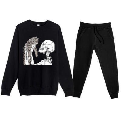 Skeleton Holding A Cat Shirt Lazy Halloween Costume Skull Premium Crewneck Sweatsuit Set