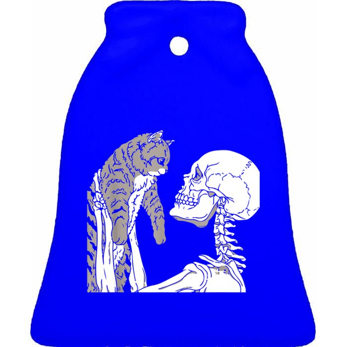 Skeleton Holding A Cat Shirt Lazy Halloween Costume Skull Ceramic Bell Ornament