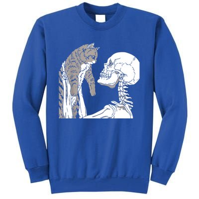 Skeleton Holding A Cat Shirt Lazy Halloween Costume Skull Tall Sweatshirt