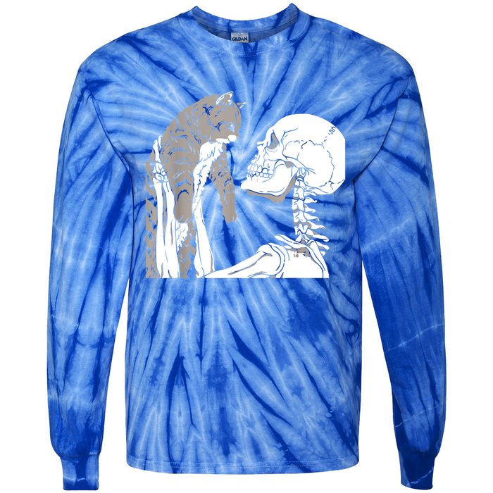 Skeleton Holding A Cat Shirt Lazy Halloween Costume Skull Tie-Dye Long Sleeve Shirt