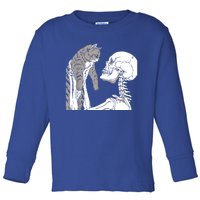 Skeleton Holding A Cat Shirt Lazy Halloween Costume Skull Toddler Long Sleeve Shirt