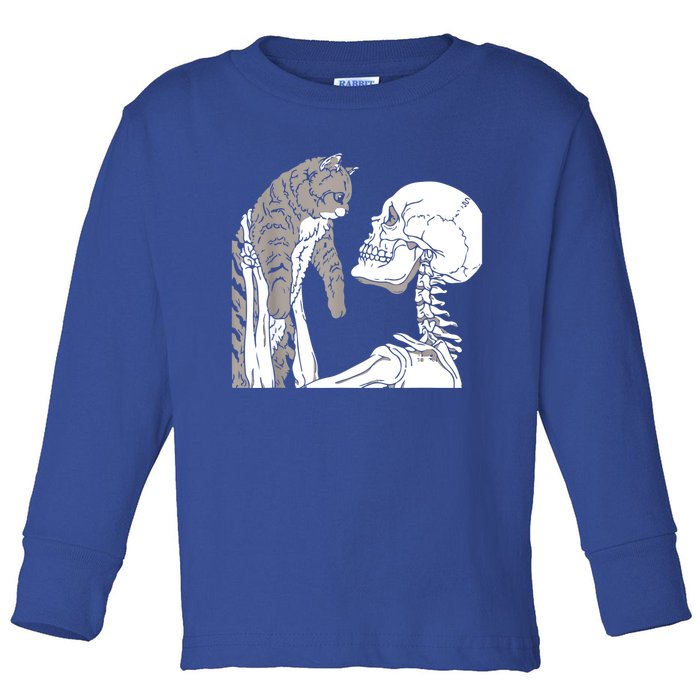 Skeleton Holding A Cat Shirt Lazy Halloween Costume Skull Toddler Long Sleeve Shirt