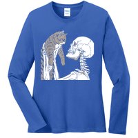 Skeleton Holding A Cat Shirt Lazy Halloween Costume Skull Ladies Long Sleeve Shirt