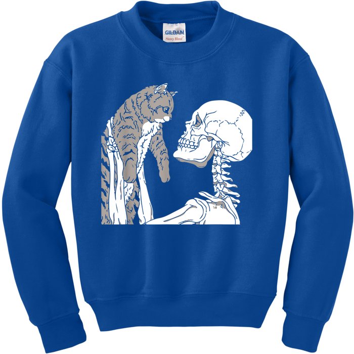 Skeleton Holding A Cat Shirt Lazy Halloween Costume Skull Kids Sweatshirt