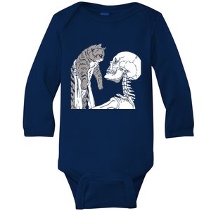 Skeleton Holding A Cat Shirt Lazy Halloween Costume Skull Baby Long Sleeve Bodysuit