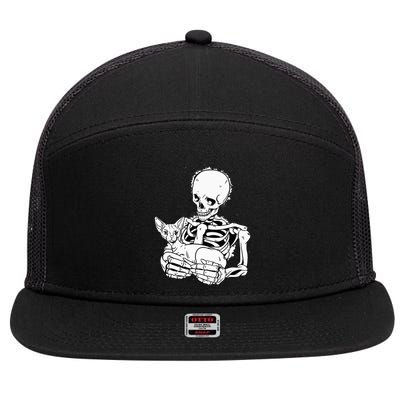 Skeleton Holding A Cat Lazy Halloween Costume Skull 7 Panel Mesh Trucker Snapback Hat