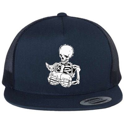 Skeleton Holding A Cat Lazy Halloween Costume Skull Flat Bill Trucker Hat