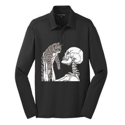 Skeleton Holding A Cat Lazy Halloween Costume Skull Silk Touch Performance Long Sleeve Polo