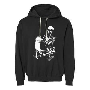 Skeleton Holding A Cat Lazy Halloween Costume Skull Garment-Dyed Fleece Hoodie