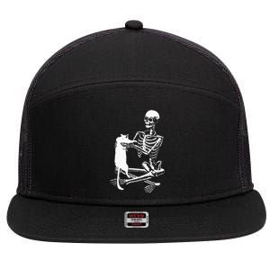 Skeleton Holding A Cat Lazy Halloween Costume Skull 7 Panel Mesh Trucker Snapback Hat