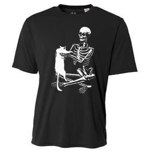 Skeleton Holding A Cat Lazy Halloween Costume Skull Cooling Performance Crew T-Shirt