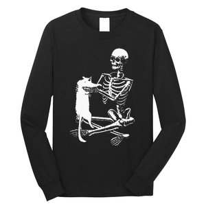 Skeleton Holding A Cat Lazy Halloween Costume Skull Long Sleeve Shirt