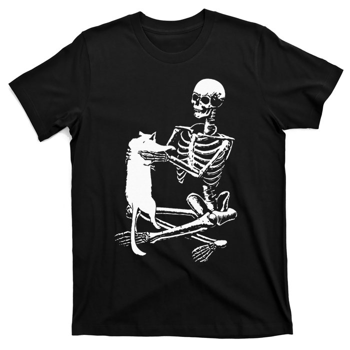 Skeleton Holding A Cat Lazy Halloween Costume Skull T-Shirt