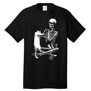 Skeleton Holding A Cat Lazy Halloween Costume Skull Tall T-Shirt